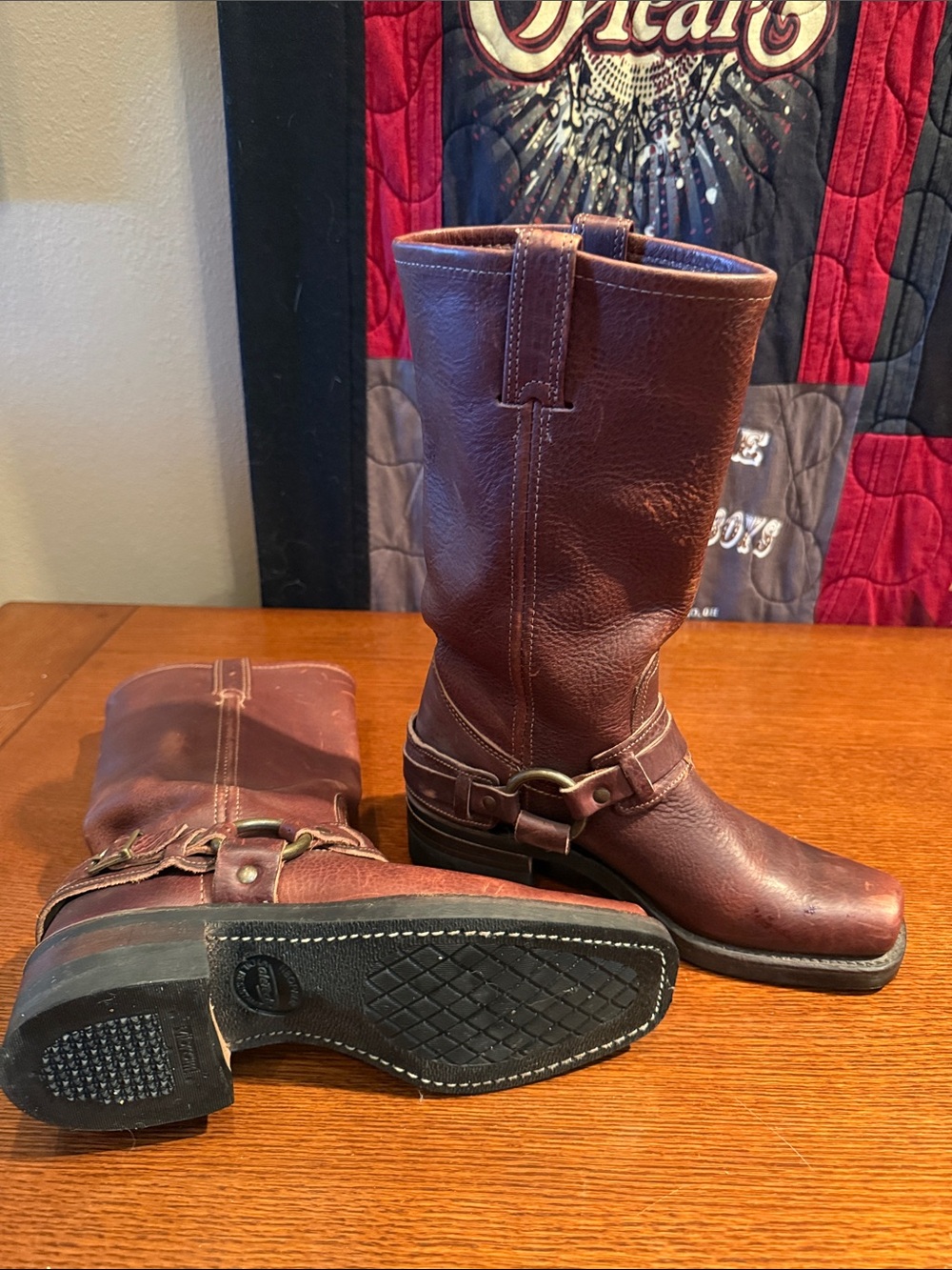 Frye Brown Leather Mid-Calf Belted Harness Motorcycle Boots